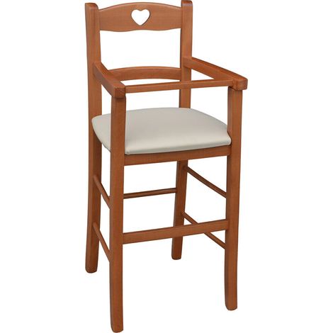Silla alta de madera color cerezo con asiento acolchado en imitación piel beige (1/5)