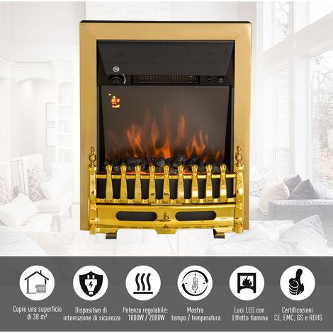 Chauffage au sol électrique 1000/2000 W avec effet flamme LED, protection antichute et surchauffe, thermostat réglable, finition dorée (1/5)