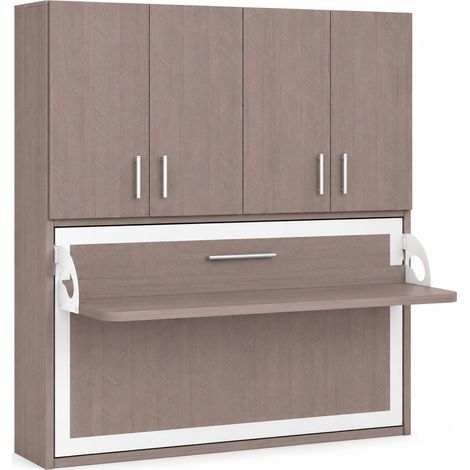 Lit escamotable horizontal bureau et armoire 4 portes SPAKO - Version renforcée – Spécial location meublée Sans matelas 34.5cm-Chêne brun-90x190-Profondeur 34.5cm (1/5)