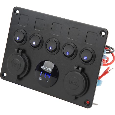 Panneau de commande étanche à 5 interrupteurs LED 12-24 V avec voltmètre numérique rétroéclairé (vert) pour bateaux, camping-cars, remorques et camions. (1/5)
