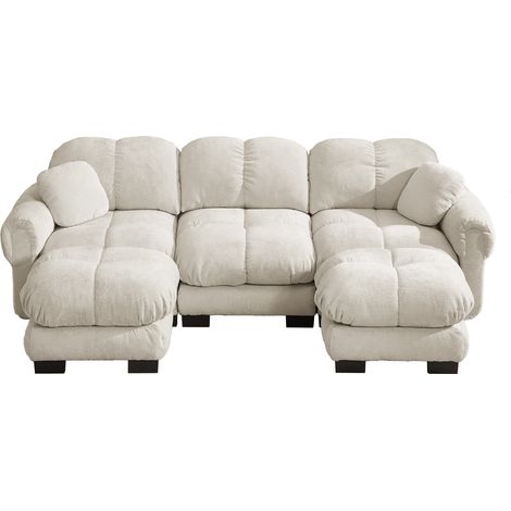 Divano nuvola a U 3 posti con pouf mobile e 2 cuscini decorativi, ciniglia, kaki chiaro, HOMVRA (1/5)