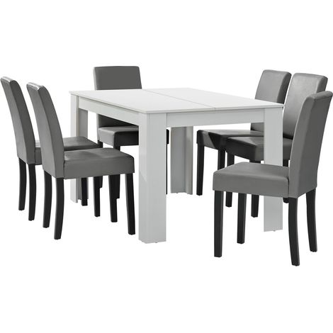 Mesa de salón comedor con 6 sillas acolchadas 140 cm blanco gris 030004021