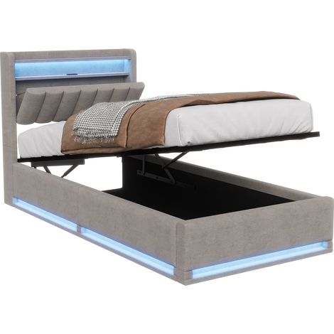 Lit 90x200 cm Gris - LED - sommier à lattes - tissu en velours - cadre de lit coffre - pour adulte et enfant (1/5)
