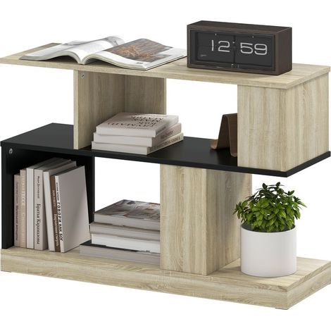Table d'appoint en forme S, bout de canapé à 3 niveaux étagères de rangement, 90 x 30 x 61 cm, effet bois naturel noir (1/5)