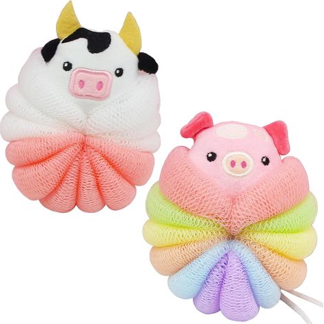 Lot de 2 éponges de bain loofah pour enfants, éponges de douche exfoliantes mignonnes à motifs (vache + cochon) (1/4)