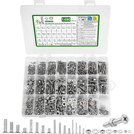 1490 Pcs Vis M2 M3 M4 M5 Vis Boulons et écrous, Vis et écrous, Vis Boulons à Tête Fraisée Cruciforme et écrous, Boulons Vis à Tête Plate, Vis à Tête Cruciforme avec Rondelles argent Assortiment Kit (1/4)