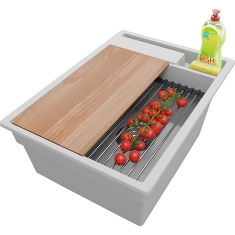 PRIMAGRAN Evier Cuisine en Granit 38x53cm, Lavabo 1 bac + Kit de Vidage + Accessoires, Évier à Encastrer au meuble 40cm - Oslo Pocket, Gris (1/5)