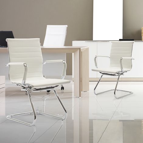 Wahson Set 2 Sedie Ufficio in Ecopelle Reception, Sedie Ufficio senza Ruote Cantilever con Braccioli, per Ospiti Visitatori Conferenza/Sala d'attesa, Bianco