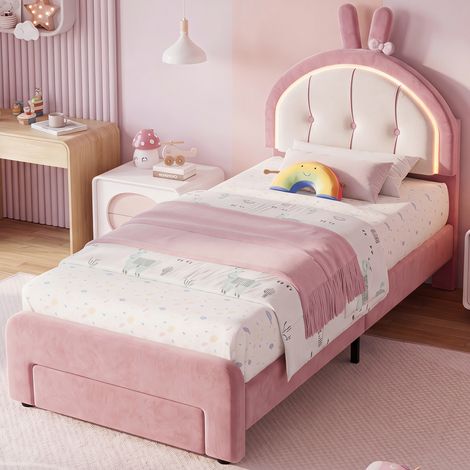Lit Enfant 90x200 cm en Velours - Lit Simple Fille Forme Lapin avec LED Multicolore Intelligente, Grand Tiroir de Rangement et Sommier à Lattes, 150kg - Rose (1/5)