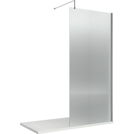 Balterley Shebdon Contemporary Bathroom 8mm Fluted Glass Wetroom Screen with Support Bar, 1950 x 800 x 14mm, Polished Chrome