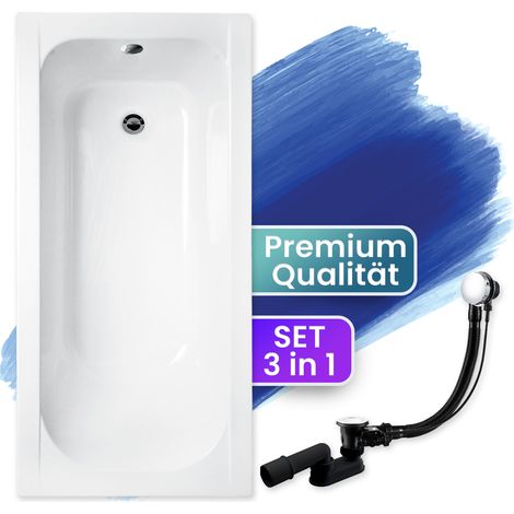 Badewanne Rechteck 140x70, Ablaufgarnitur & Füßen GRATIS - Komplettset 3in1 Original Acryl Wanne Premium Siphon - Made in EU - BADLAND CONTINEA (1/5)