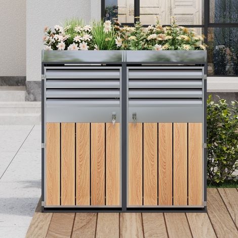 Cache-poubelle extérieur 2 bacs 120 à 240 L avec bac à fleurs intégré, portes verrouillables en acier galvanisé, ventilation à lamelles anti-odeur et finition imitation bois (1/5)