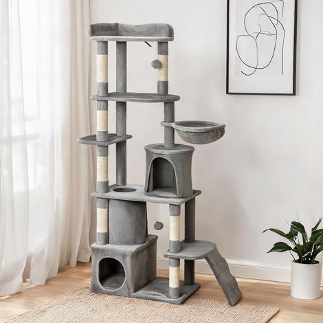 Arbre à chat 170 cm avec tunnel et niches gris 60 x 40 x 170 cm (1/5)