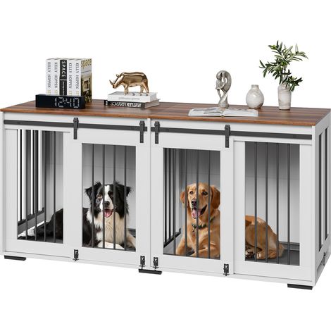 VEVOR Cage pour Chien 1800x600x861 mm Meuble Cage Chien Bois Interieur Multi-usage, Double Porte Coulissante, Plateau Amovible, Table Appoint pour Chiens Taille Petite, Moyenne, Grande, Marron & Blanc