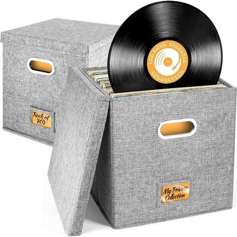 Lot de 2 boîtes de rangement pour disques vinyles (13 po), bacs pliables pour LP, organisateur pour albums, CD, passeports, magazines et dossiers — Noir