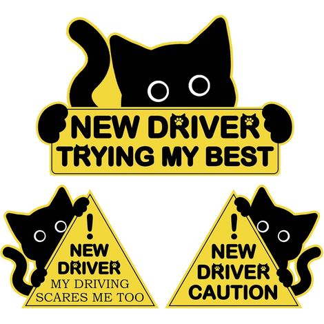 Lot de 3 aimants de Conduite pour Voiture, Motif Chat Noir, Amusants, pour conducteur Novice, Veuillez Patienter, Panneaux d'avertissement de sécurité pour conducteur étudiant, Taille Moyenne et (1/5)