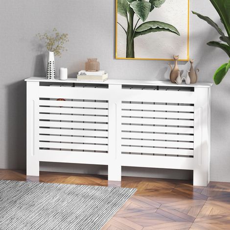 Copritermosifoni a Doghe con Ripiano Portaoggetti, Copricalorifero Moderno, Copertura del Radiatore in MDF, 152x19x81 cm, Bianco (1/5)