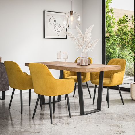 Aria Dining Table And Chairs - Oak Effect Table Top w Black Legs + Anika Velvet Dining Chair Set Of 6 (Mustard) (1/5)