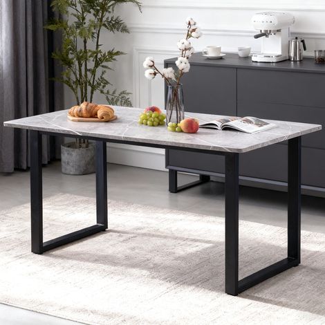 AINPECCA 150cm Dining Table- Rectangle Marble Effect Grey Top with U Shape Metal Black Legs for 4-6 Seaters Home Kitchen