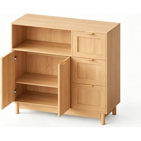 Credenza cucina con 3 cassetti e ripiano regolabile 90 x 35 x 80 cm effetto legno HOMVRA (1/5)