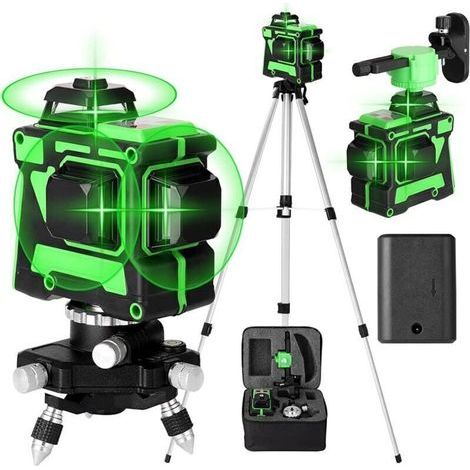 Niveau Laser Autonivelant Vert 3 x 360°, Laser Chantier 3D 12 Lignes, Autonivellement , 2 x Batterie, Nivellement Automatique, Support Rotatif (1/4)