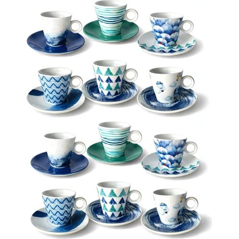 Set 12 tazze per caffè da 80 ml con piattino in porcellana - adatte per microonde e lavastoviglie - Fantasia Ocean (1/5)