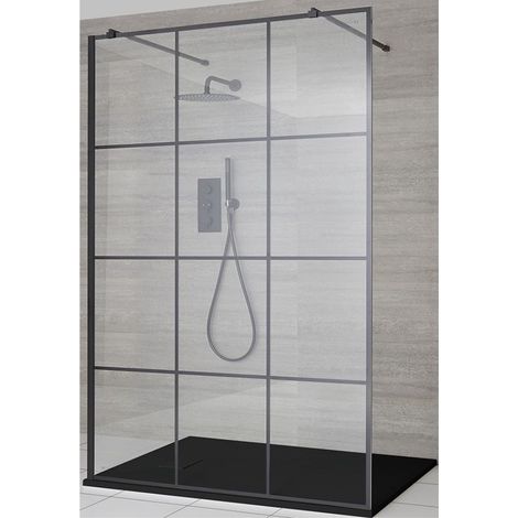 Milano Barq Black Floating Glass Walk In Wet Room Shower Enclosure with Grid Pattern Screen Support Arms and Graphite Slate Effect Tray - 1200mm x 800mm (1/5)