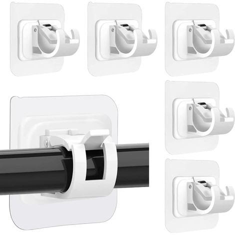 Ecleanfy - Lot de 6 supports de tringle à rideaux, supports de tringle à rideaux auto-adhésifs, supports de tringle réglables sans clous, supports muraux pour tringle à rideaux (blanc) (1/5)