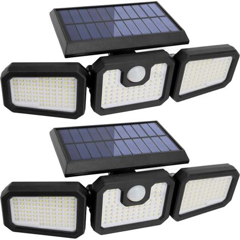 Lot de 2 lampes solaires d'extérieur à 210 LED 2500 lm Détecteur de mouvement Éclairage solaire Étanche IP65 3 têtes Spot Projecteur mural Grand angle 360° pour garage, cour, porche (1/4)