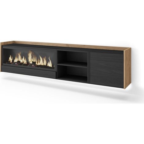 Skraut Home - Meuble TV, Banc Télé, Grand espace de Rangement, 212x35x50cm, Pour les TV jusqu'à 80", Cheminée électrique XXL, Suspendu, Mural, LED, Style moderne, Noir et chêne (1/5)