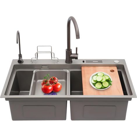 82 x 46 cm – Doppelspüle aus Edelstahl mit 2 Armaturen und Zubehör – Inklusive Schneidebrett, Messerhalter und Beckeneinsatz (Metallic-Grau) für Privatküchen, Restaurants und Bars. (1/5)