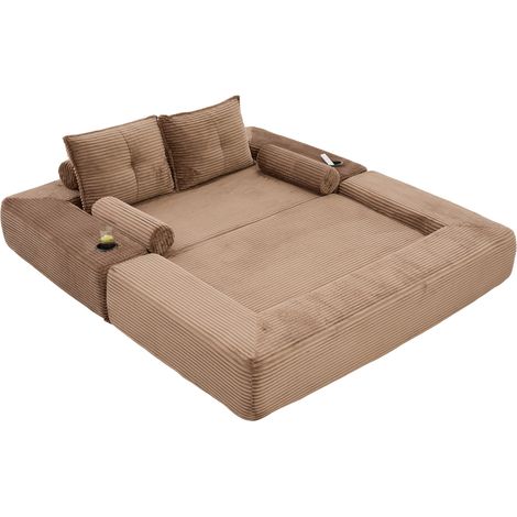Canapé convertible 2 places en velours côtelé avec mousse haute densité et ressorts, équipé de coussins mémoire et porte-verres, couleur rayée (1/5)