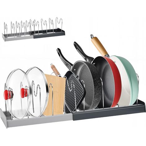 Étagère à couvercles extensible, style tiroir, avec 10 séparateurs réglables, parfaite pour ranger couvercles de casseroles, planches à découper, poêles et ustensiles de cuisine (gris) (1/5)