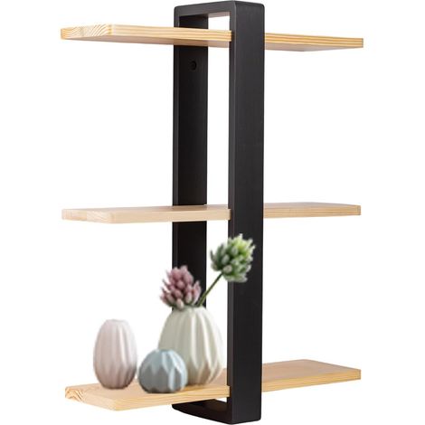 Floating Shelves Black  3 Tier Wall Mounted Shelf Unit 50cm, Solid Pine Wood Shelves for Bedroom, Living Room, Bathroom Office Rustic Wall Storage for Plants Photos Decor (Black & Wood, Set of 1) (1/5)