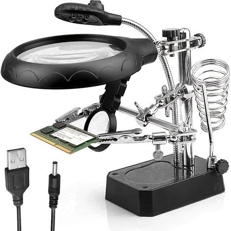 Welding magnifier with 5 LED lights, auxiliary clips – Freestanding iron stand for welding and repair (1/5)