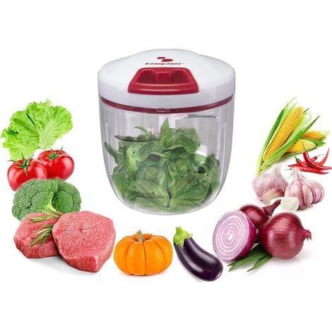 BEPER C107UTT002 Tritatutto Manuale, Tritatutto a corda, Contenitore in ABS,1000 ml, 5 Lame in acciaio, Bianco/Rosso (1/5)