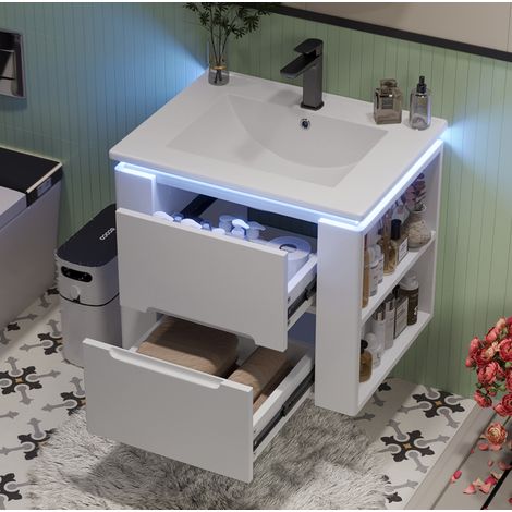 Mueble lavabo suspendido de MDF y cerámica blanco 60x46x48,5 cm con 2 cajones, estantes laterales y luz LED con sensor (1/5)