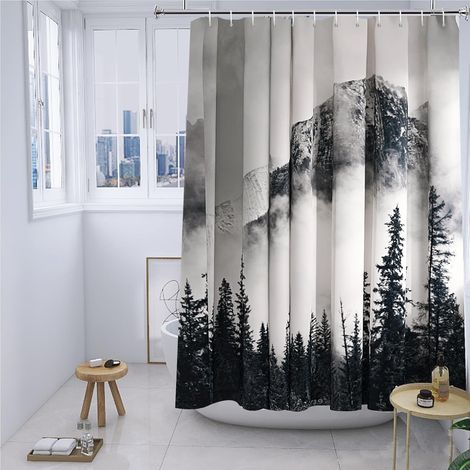 Rideau de Douche 200 x 220 cm, Motif de forêt Paysage Naturel Montagne forêt de Nuages pour Baignoire en Textile, Lavable avec 12 œillets en métal, Largeur 200 x Hauteur 220 (1/4)