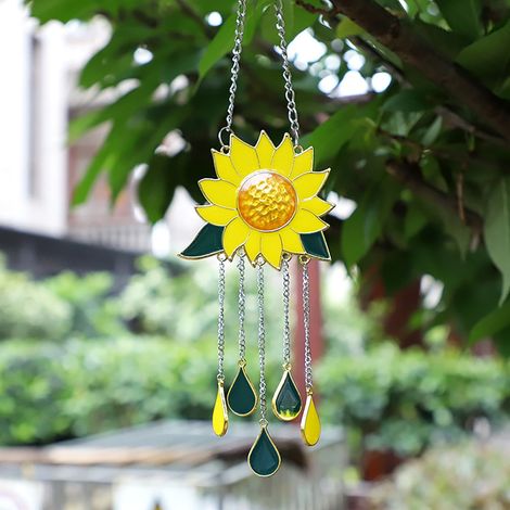 Clochettes Éoliennes - Pendentif en Verre Teinté en Forme de Tournesol - Pour Jardin Extérieur Fenêtre Balcon - 30 x 8 cm - 1 Pièce (1/5)