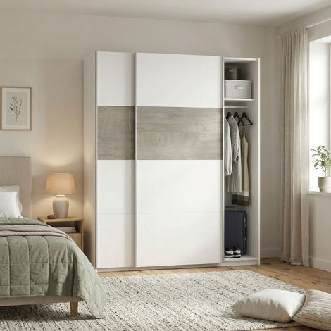 Dmora Guardarropa Elgin, Armario dormitorio con 2 puertas correderas, Mueble con barra perchero y 3 baldas, cm 180X60h200, Blanco y Roble, con embalaje reforzado (1/5)