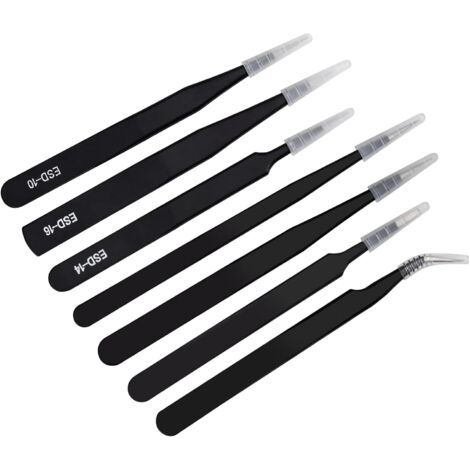 7pcs Pince Brucelles Antistatique Pincettes ESD de Précision Pince de Precisio Acier inoxydable pour Laboratoire de Beauté de Bijoux Artisanaux Electroniques (Noir) (1/5)