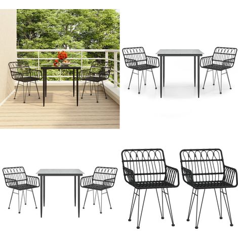 3-tlg. Garten-Essgruppe Schwarz Poly Rattan - Gartenmöbel - Gartenstuhl (1/5)
