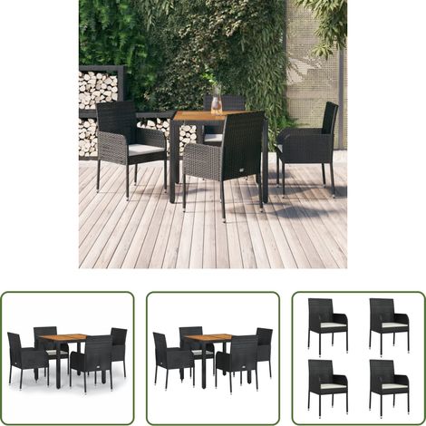 Gartenessgruppe -  5-tlg. Garten-Essgruppe mit Kissen Schwarz Poly Rattan