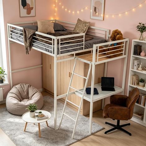 Meuble Cosy Lit Mezzanine 2 Places avec Fauteuil Réglable et Bureau en Verre Trempé, Gain de Place pour Chambre Étudiant Adolescent Adulte, Cadre Métallique, Blanc + Marron (1/5)