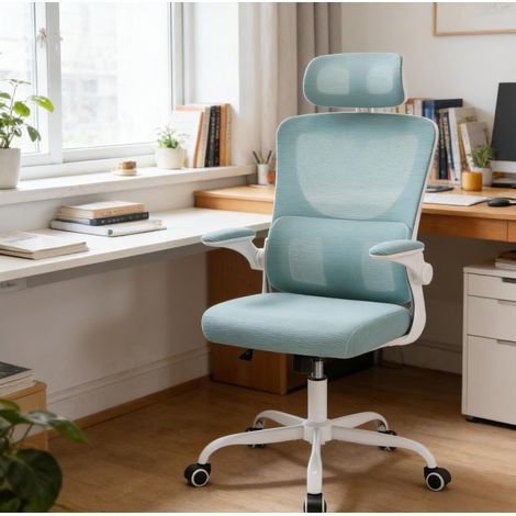 Sedia da ufficio 62x69.5x116-123.5 cm blu in metallo e rete con poggiatesta e braccioli pieghevoli (1/5)