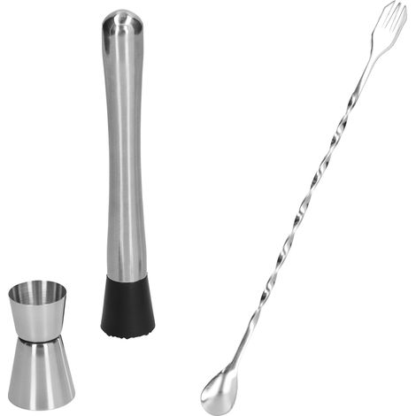Mixlöffel und Cocktail-Jigger aus Edelstahl, 3-teiliges Barzubehör-Set für Barkeeper, Servierlöffel und Stößel für die Mixologie. (1/5)