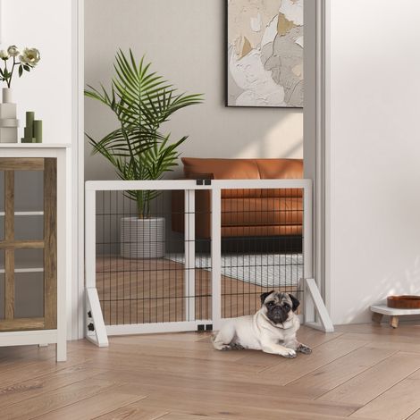 Barrière de sécurité pour chien barrière de protection à 2 panneaux réglable largeur 63-106 cm en bois acier blanc (1/4)