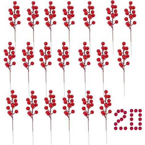 Baies rouges artificielles - 22 cm - Baies factices - Décorations de sapin de Noël - Décoration de table de Noël - 20 pièces de baies de houx de Noël (1/5)