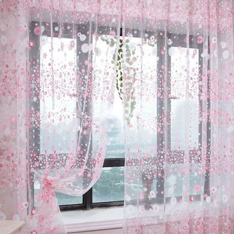 Voilage floral transparent, élégant et innovant, rose, 100 x 270 cm (à installer sur une tringle). (1/5)