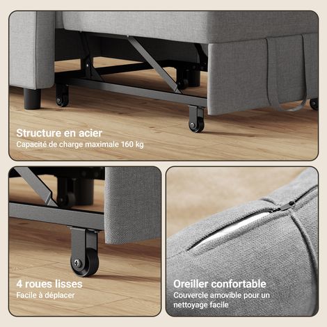 Bealife – Fauteuil convertible 1 place avec rangement – Dossier réglable 3 positions – Acier et tissu en lin – Roues pour mobilité facile